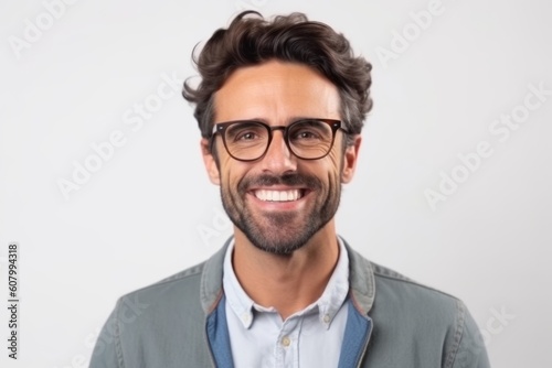Portrait of a handsome young man in eyeglasses smiling over white background © Robert MEYNER