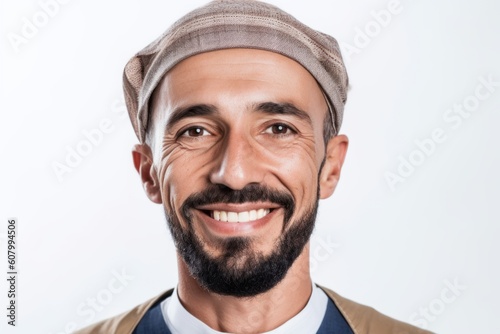 Portrait of a smiling bearded hipster man wearing hat isolated on a white background