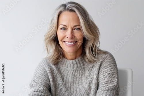 Portrait of smiling middle-aged woman sitting on chair, looking at camera and smiling. Mature female with grey hair in casual clothes posing isolated over white background.