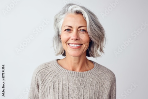 Portrait of a beautiful middle-aged woman smiling at camera over white background