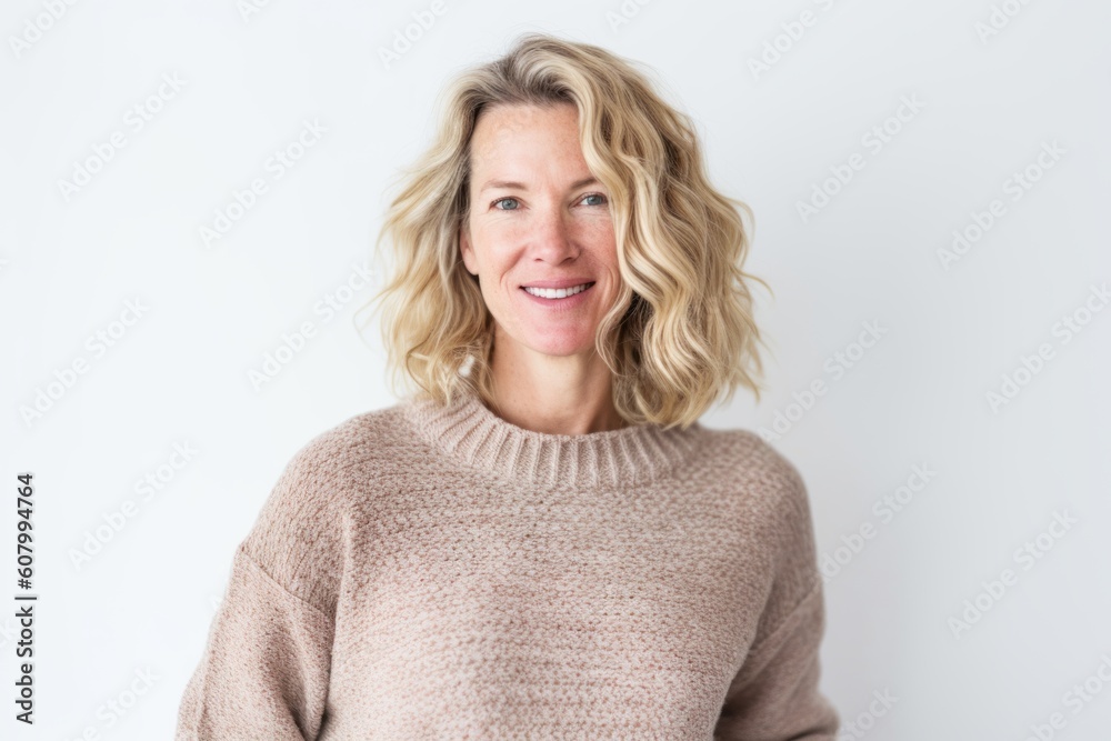 Portrait of smiling mature woman with blonde hair over white background. Portrait of smiling mature woman with blonde hair over white background.