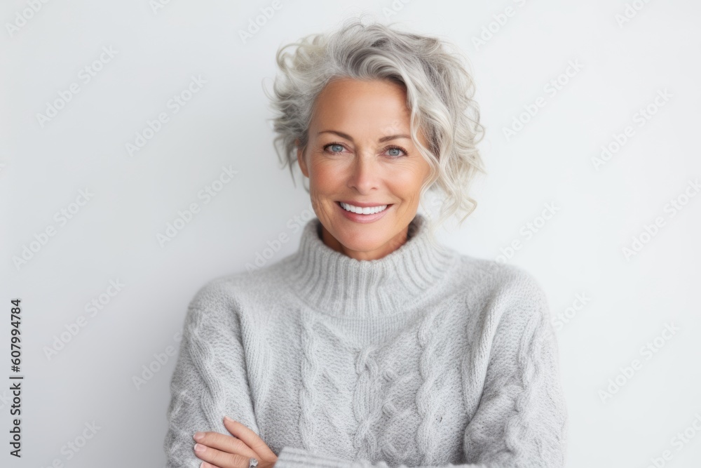 Portrait of a happy mature woman smiling at camera over white background