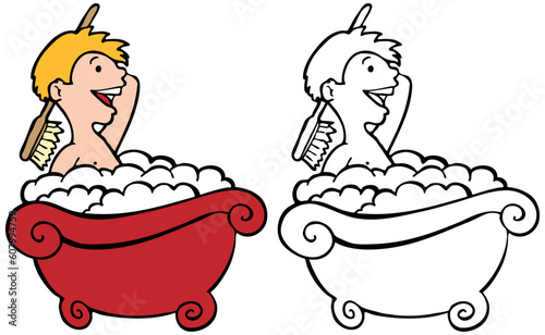 Cartoon image of child in bathtub - color and black/white versions.