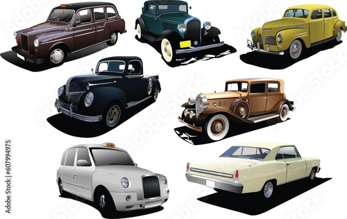 Seven old rarity cars. Vector illustration