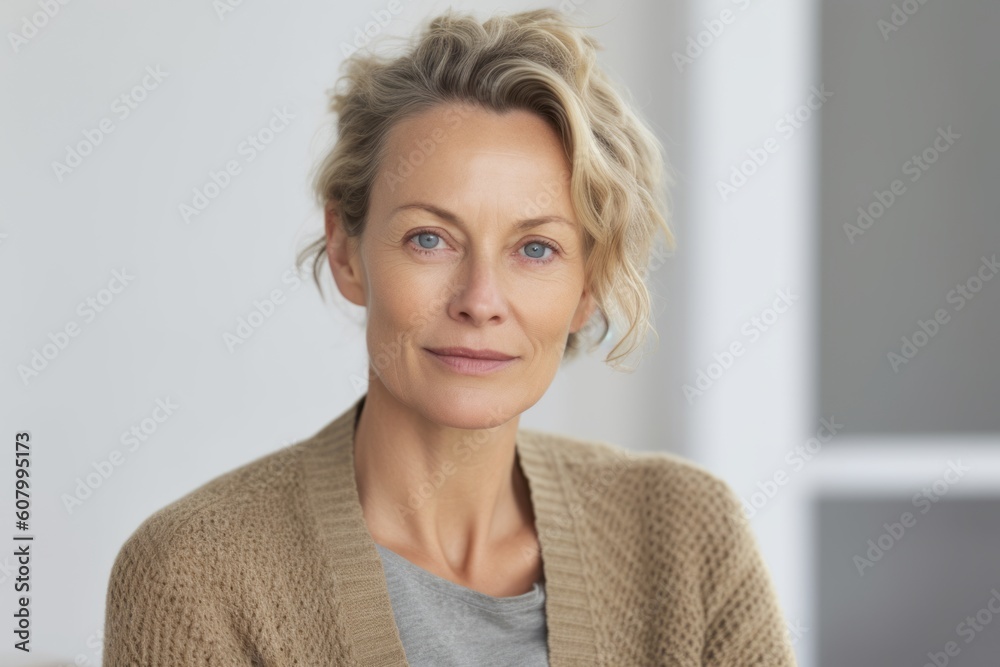 Portrait of mature woman looking at camera in living room at home Portrait of mature woman looking at camera in living room at home