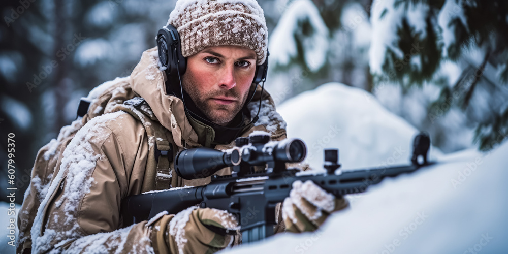 Army soldier sniper aims through the telescopic sight. Army sniper with large-caliber sniper rifle seeking killing enemy. digital ai Army soldier sniper aims through the telescopic sight. Army sniper with large-caliber sniper rifle seeking killing enemy. digital ai