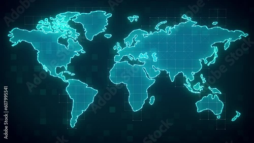 World map with digital holographic design, Global communication concept, Animated seamless looping background, Business background, Artificial Intelligence, 4k Resolution.