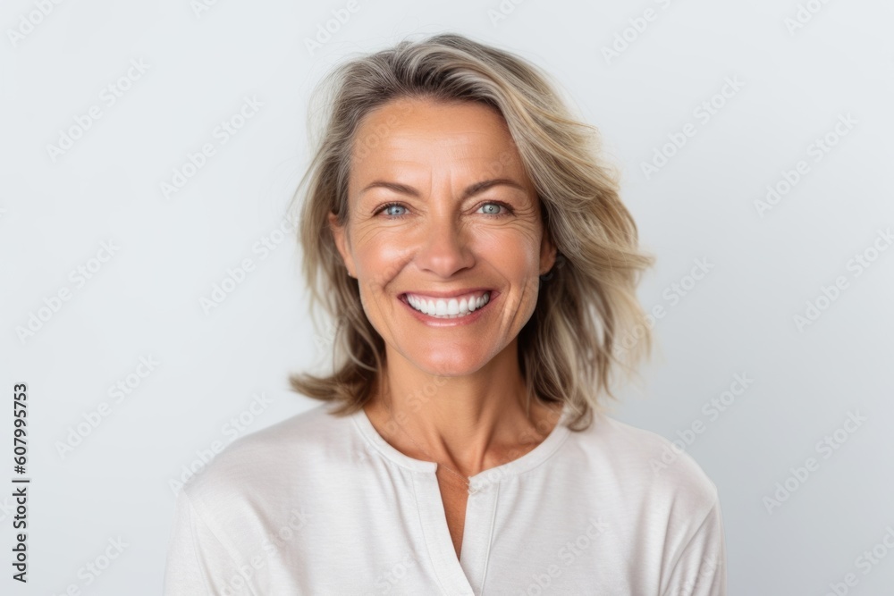 Portrait of smiling middle aged woman with blond hair looking at camera over white background