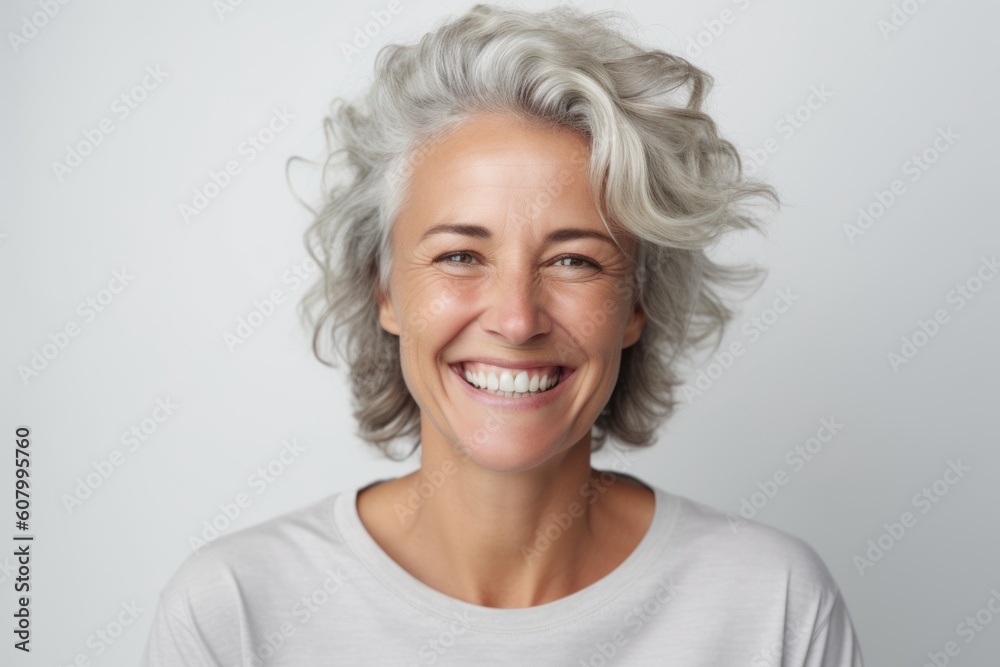 Close up portrait of a smiling middle-aged woman with grey hair Close up portrait of a smiling middle-aged woman with grey hair