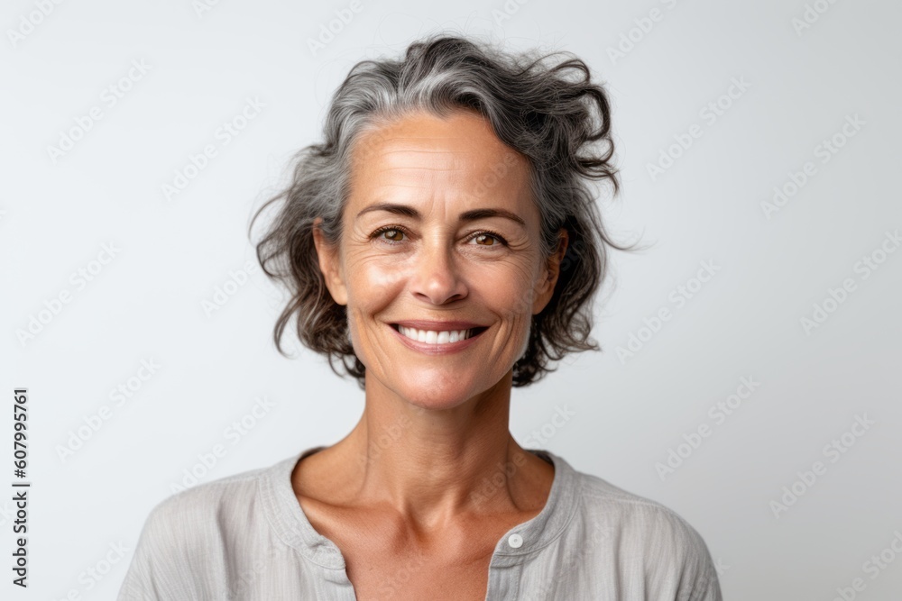 Portrait of a happy mature woman with gray hair smiling at the camera