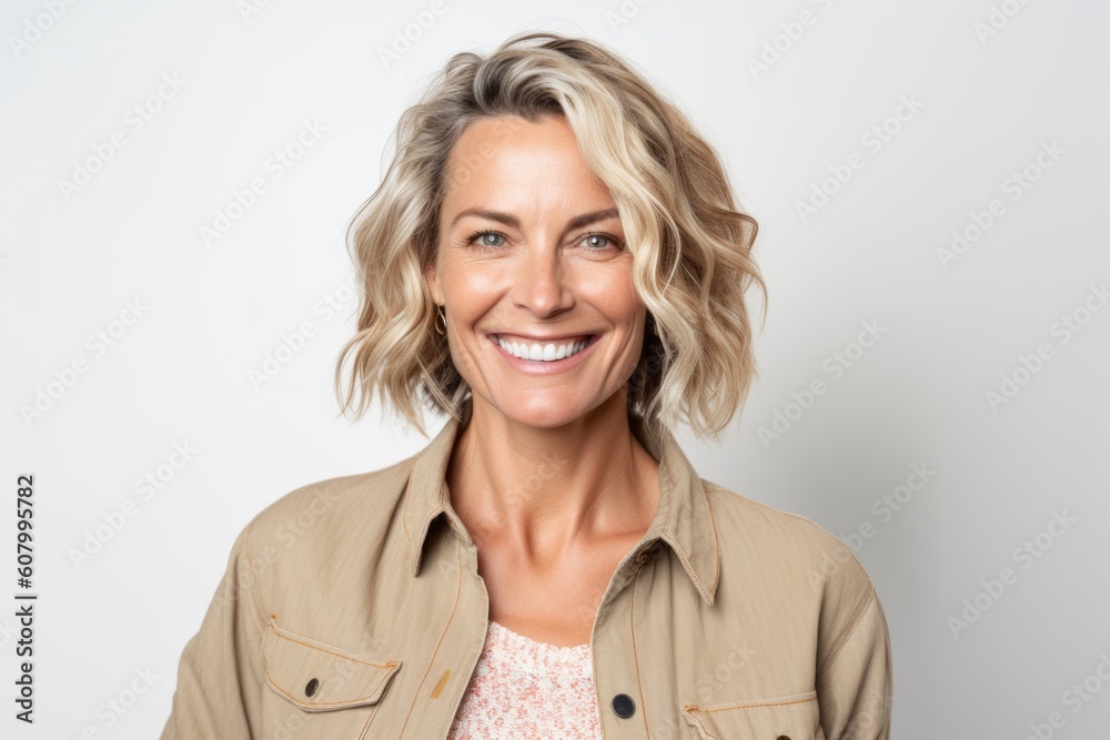 Portrait of a beautiful middle aged woman smiling at the camera over white background Portrait of a beautiful middle aged woman smiling at the camera over white background