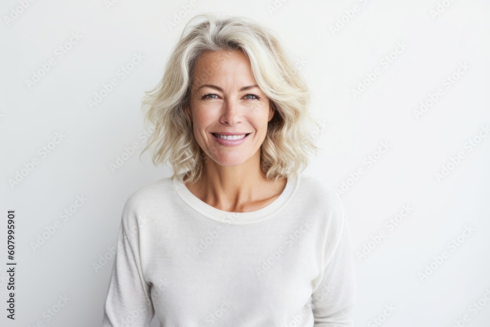 Portrait of happy mature woman smiling at camera on white background. Portrait of happy mature woman smiling at camera on white background.