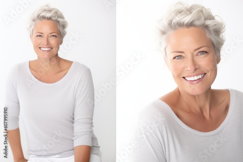 Portrait of beautiful mature woman on white background, front and back view