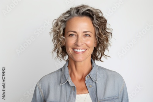 Portrait of beautiful middle-aged woman smiling against white background.