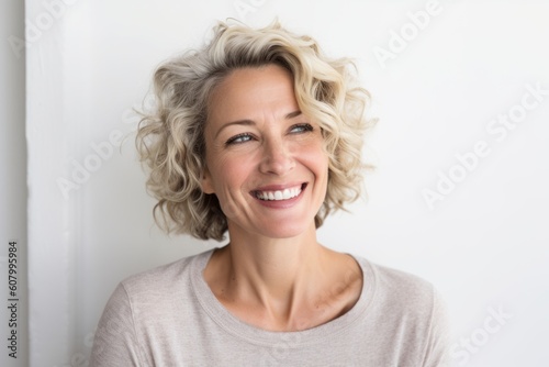 Portrait of a beautiful blond woman with curly hair smiling at the camera