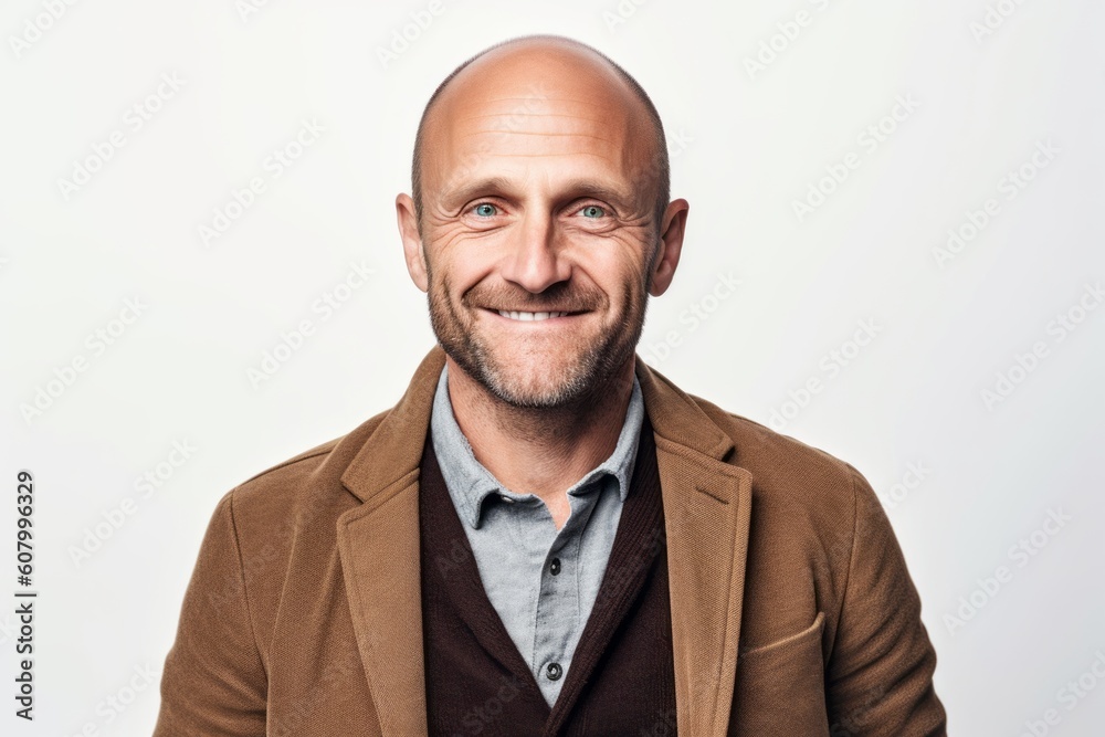 Portrait of a handsome bald man wearing a brown jacket and smiling at the camera. Portrait of a handsome bald man wearing a brown jacket and smiling at the camera.