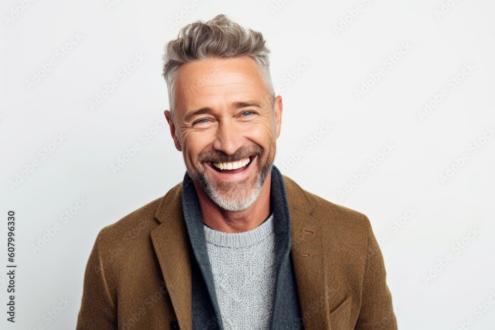 Fototapeta premium Portrait of a happy mature man smiling at camera over white background