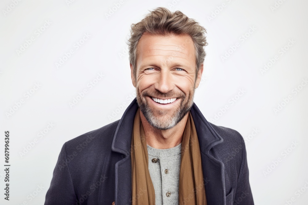 Portrait of a handsome mature man laughing over gray background. Men's beauty, fashion.