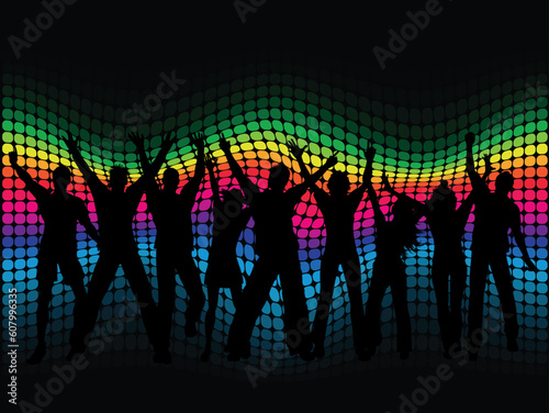 Silhouettes of people dancing on a spectrum coloured background
