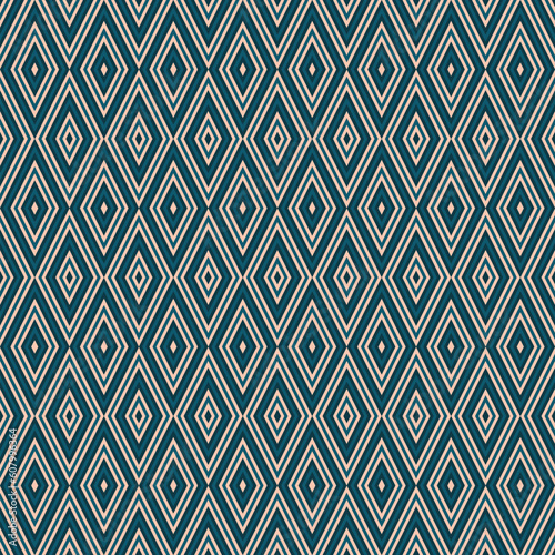 Vector geometric seamless pattern. Abstract graphic background with diamonds, rhombuses, grid. Elegant teal, blue and beige color. 1970s style ornament. Repeat retro vintage decorative geo design