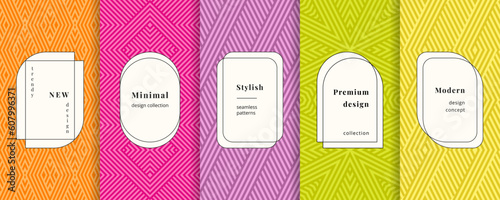 Bright colorful seamless patterns collection. Vector set of abstract background swatches with modern minimal labels. Trendy funky geometric line textures. Orange, pink, purple, green, yellow color