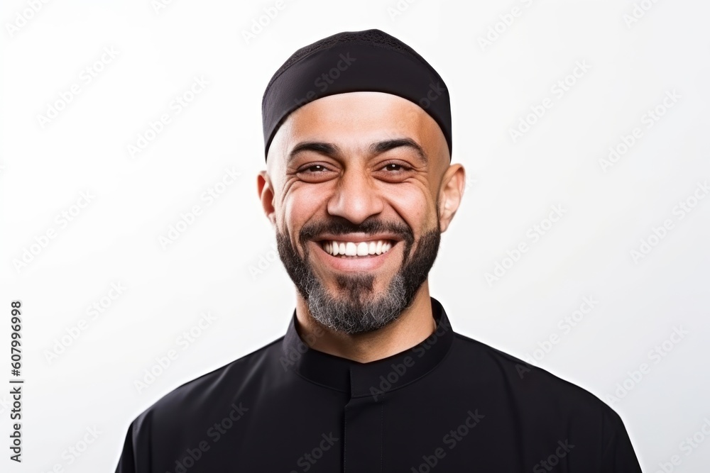 Portrait of a smiling muslim man in a black t-shirt and a hat on a white background Portrait of a smiling muslim man in a black t-shirt and a hat on a white background