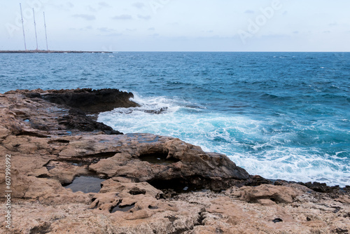 rocky coast of Cyprus. Storm on the sea, waves