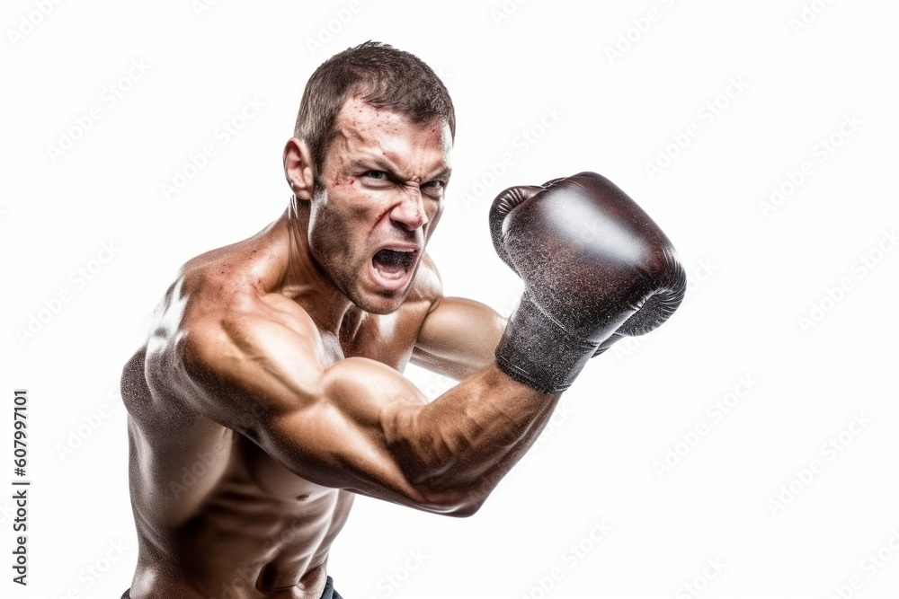 Fierce and powerful man. Muscular man isolated on white background. Concept no limits and motivation. Generative Ai