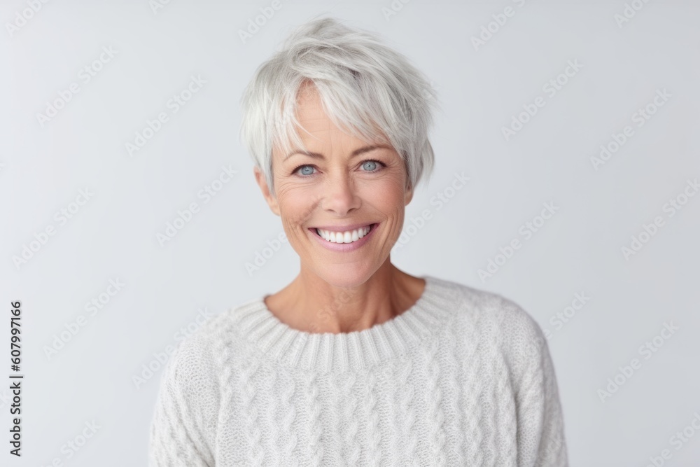 Portrait of a happy senior woman smiling at camera over white background Portrait of a happy senior woman smiling at camera over white background