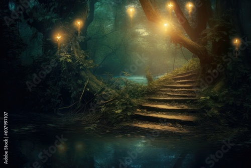 Mystical path beckons with ethereal glow. Generative AI © Kanisorn