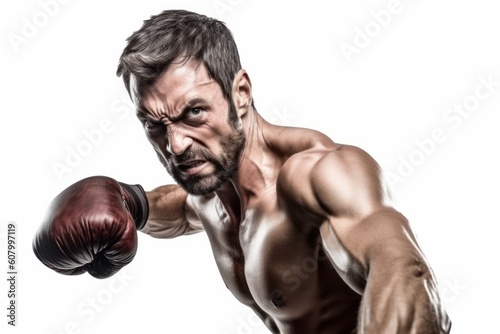 Fierce and powerful man. Muscular man isolated on white background. Concept no limits and motivation. Generative Ai © bluebeat76