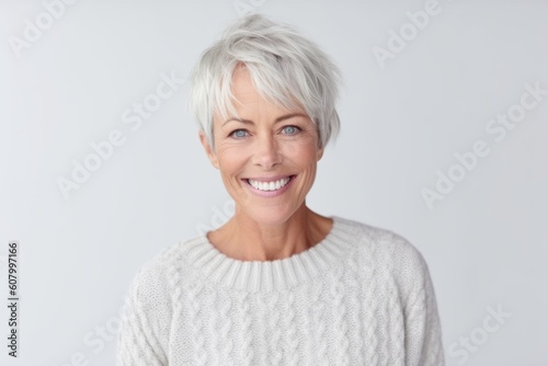 Portrait of a happy senior woman smiling at camera over white background
