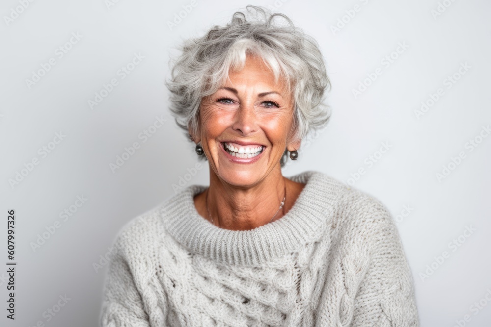 Portrait of a happy senior woman smiling at the camera over gray background Portrait of a happy senior woman smiling at the camera over gray background