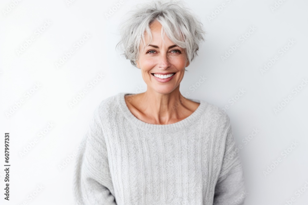 Lifestyle portrait photography of a pleased woman in her 50s that is wearing a cozy sweater against a white background . Generative AI
