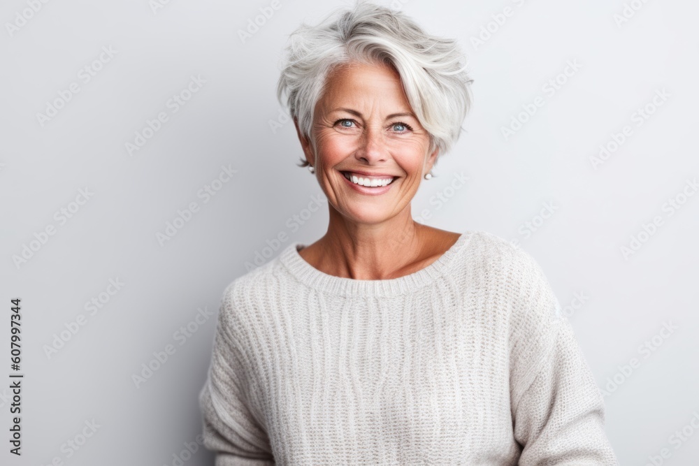 Portrait of a beautiful senior woman smiling while standing against white background Portrait of a beautiful senior woman smiling while standing against white background