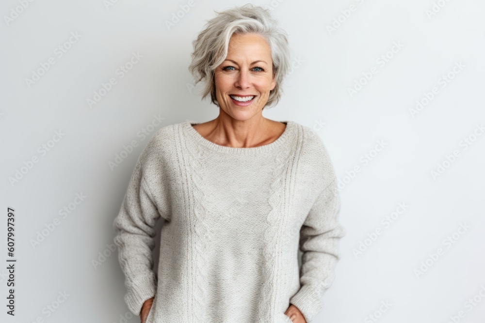 Portrait of a happy senior woman standing with hands on hips against white background