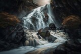beautiful waterfall rushes down the rocks created with Generative AI technology