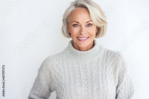 Portrait of a beautiful mature woman smiling at camera against white background