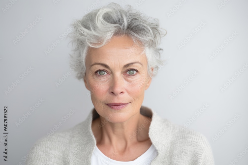 Portrait of senior woman with grey hair against grey background in studio