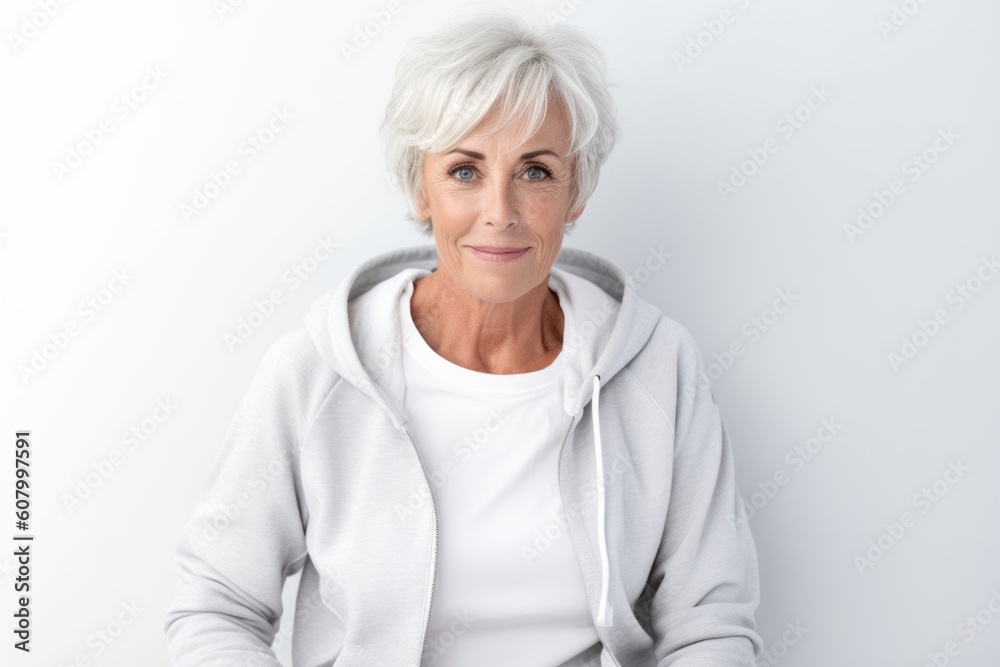 Portrait of senior woman in hoodie against white background. Looking at camera. Portrait of senior woman in hoodie against white background. Looking at camera.
