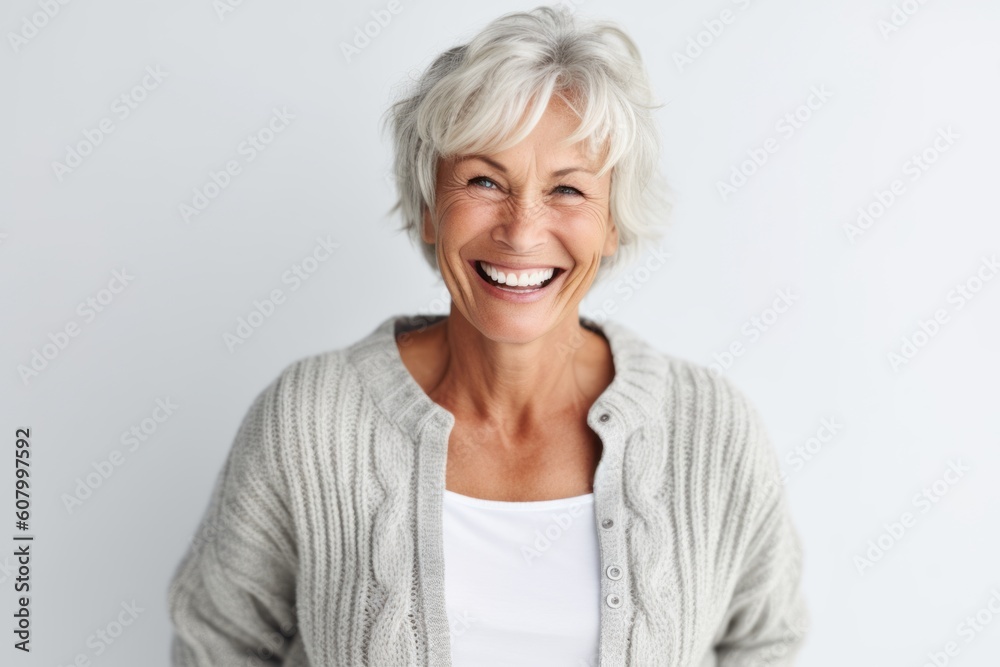 Portrait of a happy senior woman smiling at camera over white background Portrait of a happy senior woman smiling at camera over white background