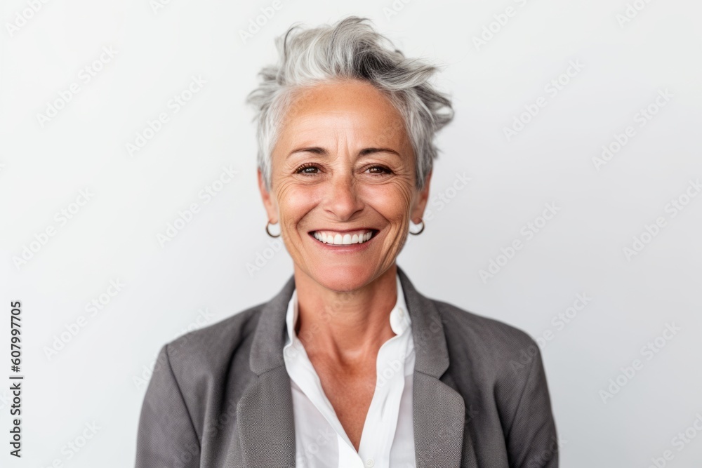 Portrait of a happy senior businesswoman smiling at camera against white background Portrait of a happy senior businesswoman smiling at camera against white background