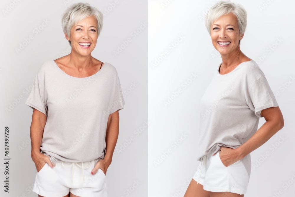 happy senior woman in blank t-shirt and shorts isolated on white