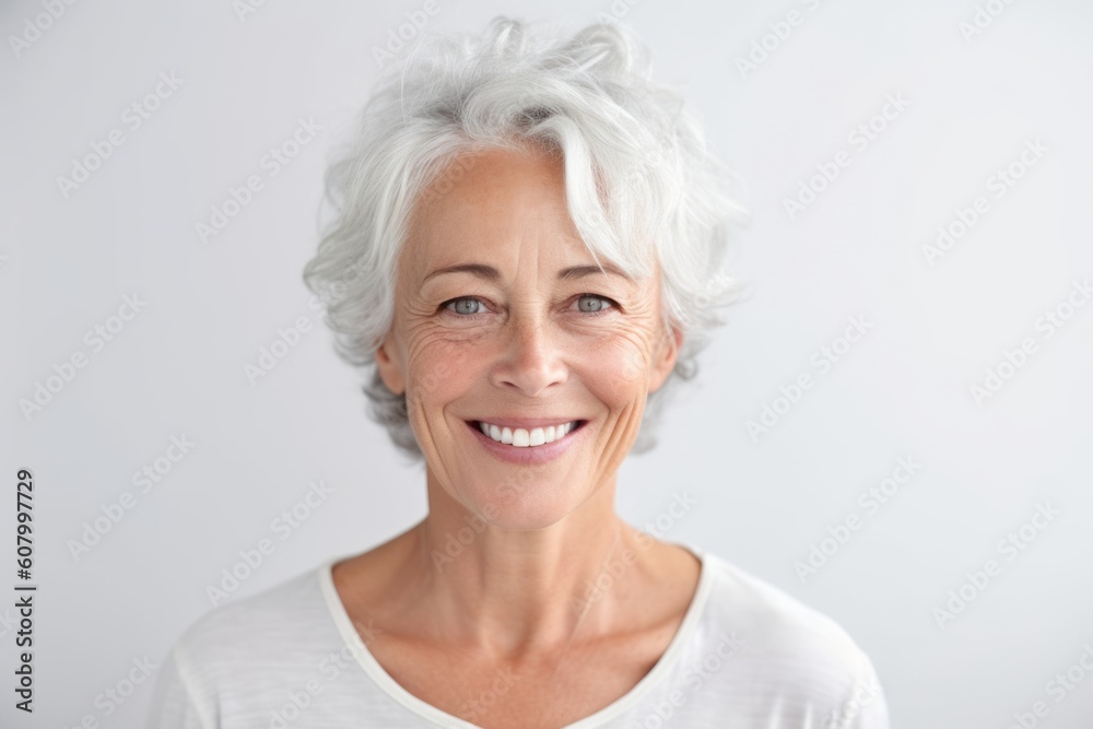 Close up portrait of smiling senior woman looking at camera over white background