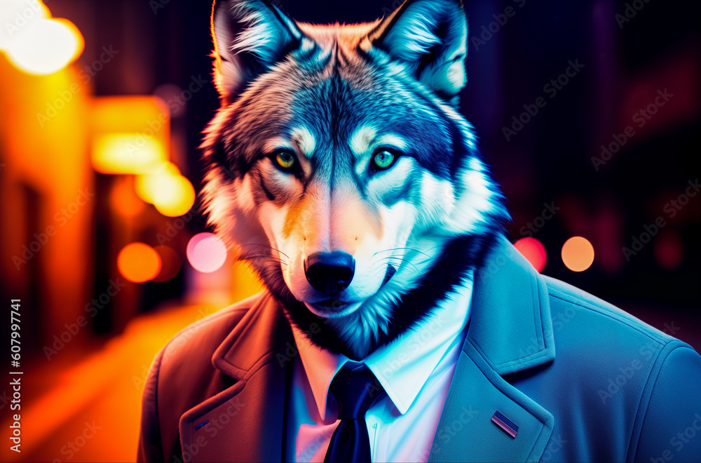 A wolf dressed in a business suit on a man's body against the background of the streets of a night big city with skyscrapers. Concept of successful confident businessman. Generative AI.