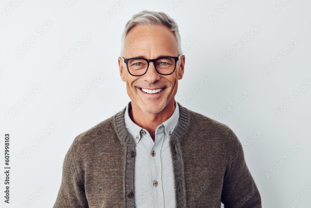 Portrait of smiling mature man in eyeglasses standing against white background