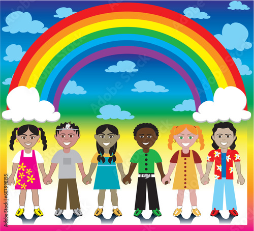 Vector Illustration of 6 happy kids under a rainbow with a colorful backgound and a place for text or imagery.