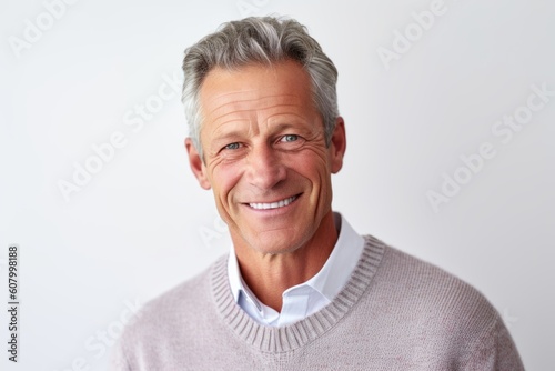Portrait of a handsome mature man smiling at camera over white background