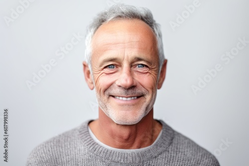 Portrait of a smiling senior man standing isolated on a gray background