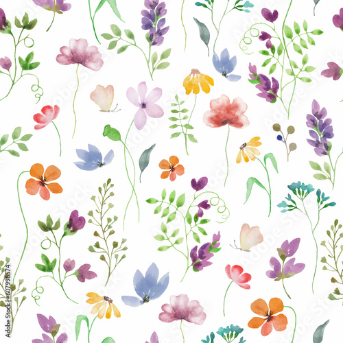 Watercolor floral seamless pattern. Hand drawn illustration isolated on white background.